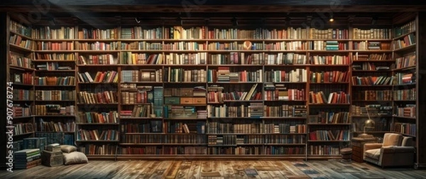 Fototapeta A large wall of bookshelves filled with books in a library