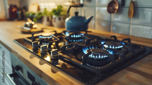 Fototapeta A stove with four burners and a blue tea kettle on top