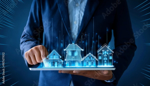 Fototapeta hand man using digital tablet, and building hologram. modern technology concept