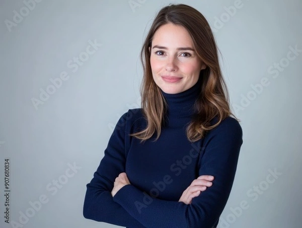 Fototapeta Studio portrait of a young happy woman looking to the camera, light grey background, wearing a turtle neck