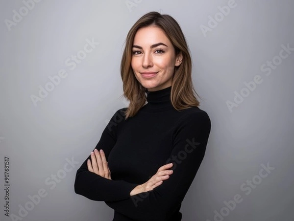 Fototapeta Studio portrait of a young happy woman looking to the camera, light grey background, wearing a turtle neck