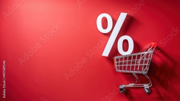 Obraz Close up photo of % text made from white shopping carts isolated over red background representing sales and offers, promotional highlight, vibrant backdrop, discount focus