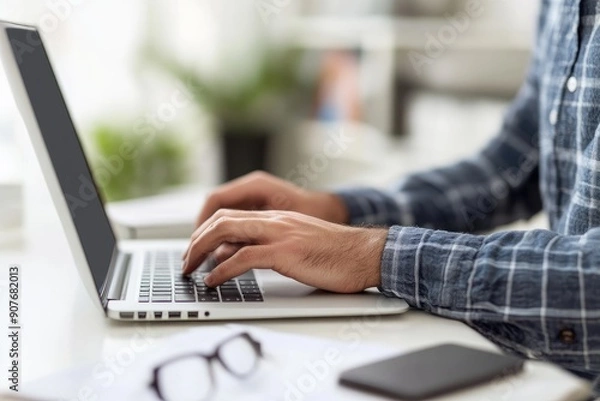 Fototapeta Office worker typing on laptop keyboard at desk