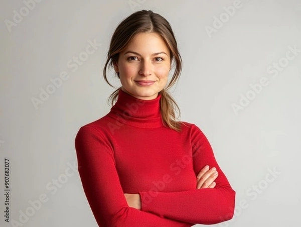 Fototapeta Studio portrait of a young happy woman looking to the camera, light grey background, wearing a turtle neck