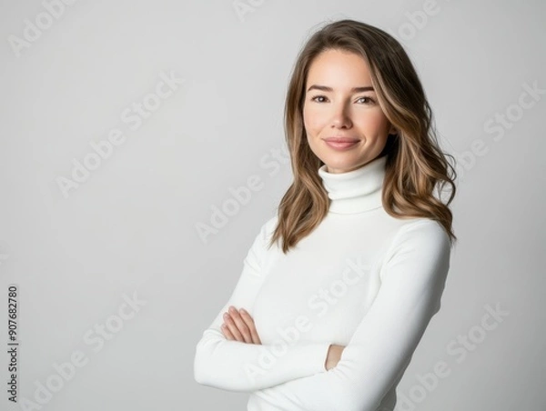 Fototapeta Studio portrait of a young happy woman looking to the camera, light grey background, wearing a turtle neck