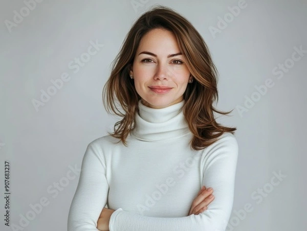 Fototapeta Studio portrait of a young happy woman looking to the camera, light grey background, wearing a turtle neck