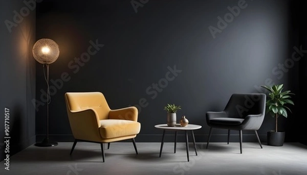 Obraz Black wall living room interior with chair and wall decor, Black wall room, Yellow sofa, black sofa, frame on wall, yellow sofa black wall, black living room, living room image, chair living room,