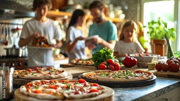 Fototapeta Picture a lively kitchen during a family gathering. Multiple pizzas are being prepared and baked, with laughter and conversation filling the air, creating a warm and joyful atmosphere.