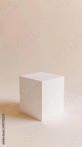 Fototapeta A plain white cubic box on a light beige background suitable for minimalist product presentations, design mockups, or conceptual artwork,