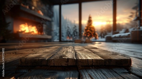 Fototapeta  Empty Wooden Table Top with Blurred Background of Christmas Tree and Fireplace in Living Room