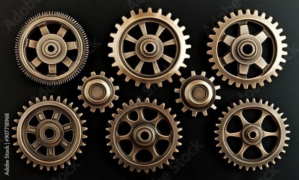 Obraz A collection of metallic bronze gears and cogs with intricate designs. Ideal for industrial and mechanical themes.