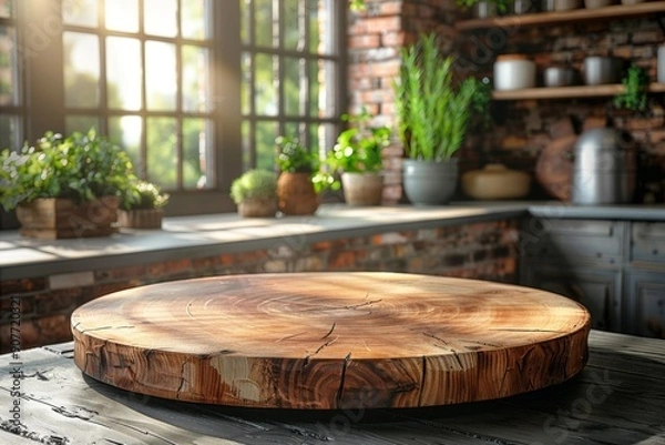 Fototapeta Empty Round Wooden Tabletop in Clean and Bright Kitchen Ready for Display and Product Montage