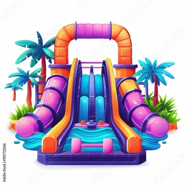 Fototapeta Colorful inflatable water slide with multiple lanes and tropical palm trees, perfect for summer fun and outdoor activities.