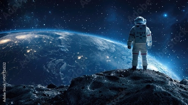 Fototapeta A man in a spacesuit stands on a rocky surface looking up at the stars
