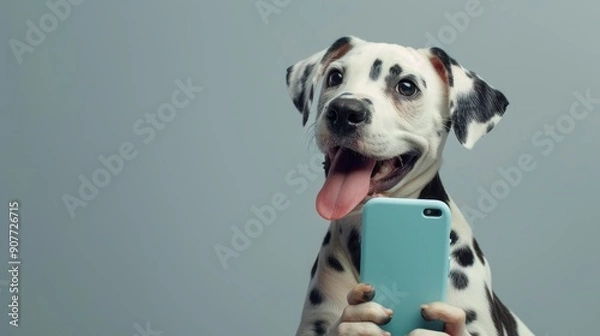 Fototapeta A Dalmatian dog is holding a cell phone in its mouth