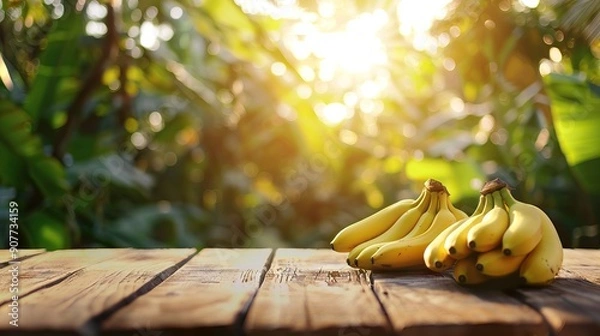 Fototapeta Rustic Podium with Bananas Amid Gentle Morning Glow. AI generated illustration