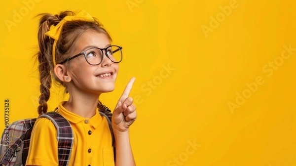 Fototapeta Happy female student points thumb at blank space to send message Panama yellow background