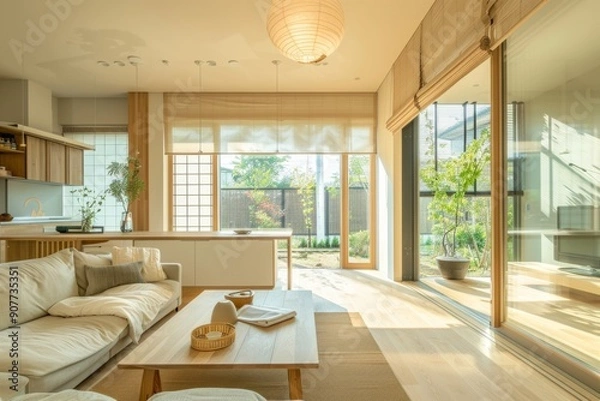 Fototapeta A bright and airy living room with large windows and a comfortable sofa