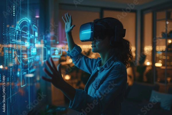 Obraz African American woman wearing VR headset interacts with a futuristic virtual interface in room at night with city lights in the background. Spatial computing and augmented reality technology concept
