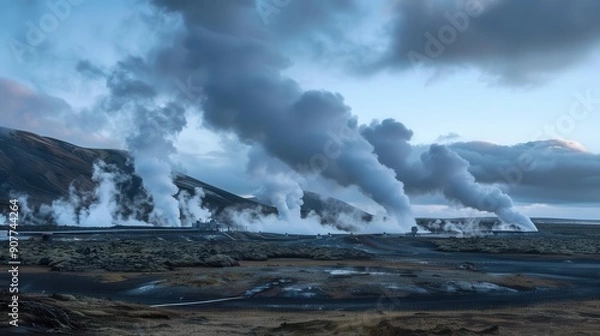 Fototapeta Steam vents emitting plumes in a geothermal field, side view, blending natural and industrial elements, cybernetic tone, Triadic color scheme, copy space for text