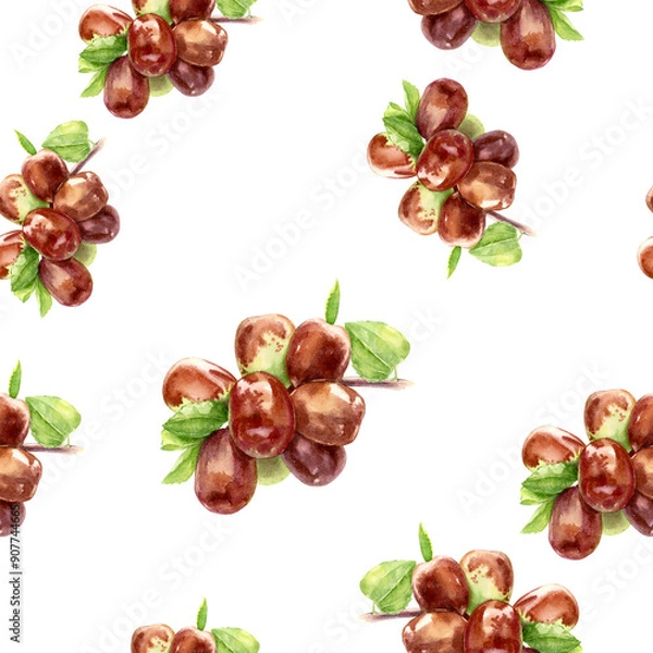 Obraz A colorful watercolor seamless pattern of an assortment of dates and nuts displayed on a white background