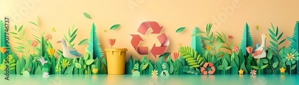 Fototapeta Colorful paper art of a recycling scene featuring plants, animals, and a bin, promoting environmental awareness and sustainability.