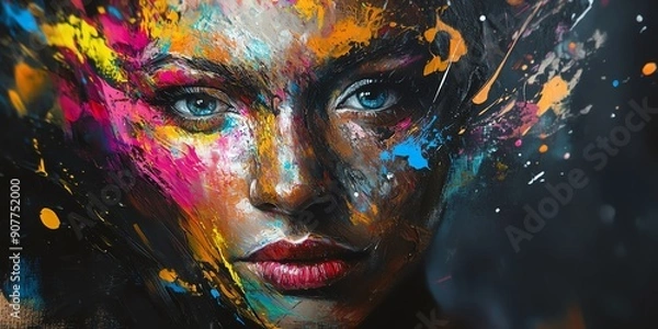 Fototapeta Abstract portrait of a woman with colorful paint splatters.