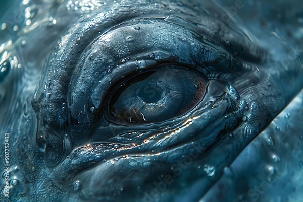 Fototapeta Close-up of a whale's eye submerged in water, capturing the texture and details of the marine animal's skin and eye features.