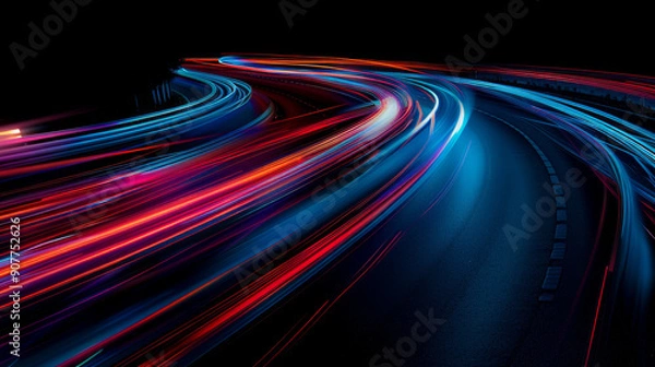 Fototapeta Blue and red lights create curves and waves against a black background, capturing the motion of an urban road. The effect is like a long exposure painting with light.