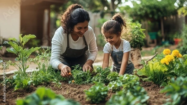 Fototapeta A family gardening together in their backyard, emphasizing outdoor activities and family bonding.