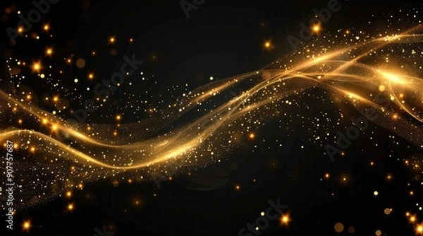 Fototapeta Shining golden wavy lines of light, golden wave lights, golden star dust traces of isolated sparkling particles.