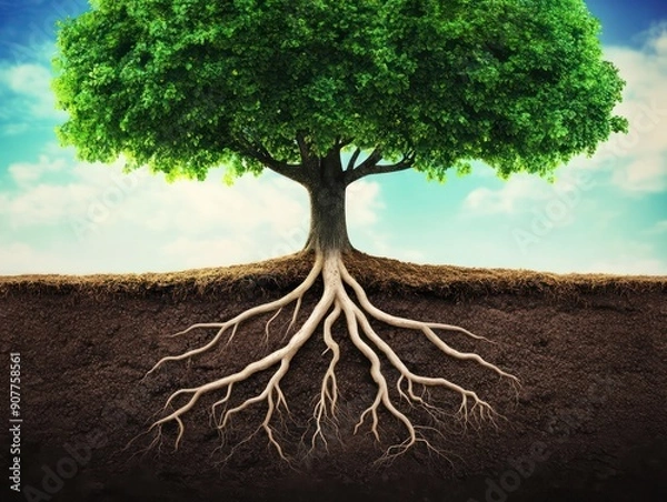 Fototapeta Agricultural style Green canopy tree, planted in the soil, roots spreading into the soil. The roots are seen criss-crossing the ground