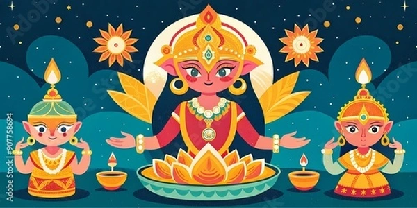 Fototapeta Vibrant Dhanteras Celebration with Goddess Lakshmi - Ideal for Festivals, Cultural Events, and Design Projects