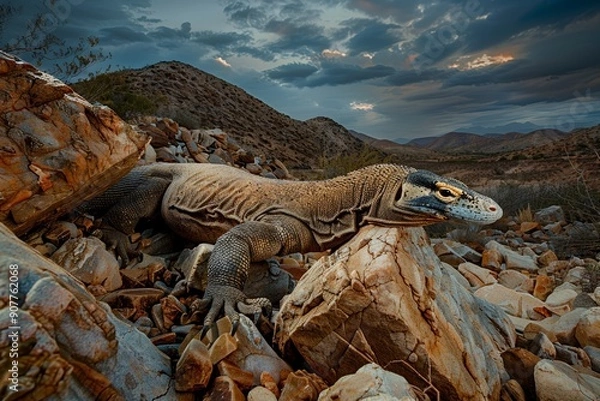 Fototapeta A photo of a Komodo dragon climbing over rocks in a mountainous area during the evening