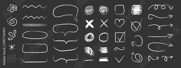 Fototapeta Set of line Arrows white chalk hand drawn. Grunge different elements, scribble in doodle style. Grunge abstract chalk, crayon pencil. Vector illustration on black background.