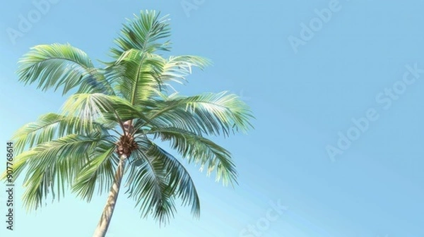 Fototapeta A palm tree swaying gently in the breeze, its fronds rustling against the backdrop of a clear blue sky