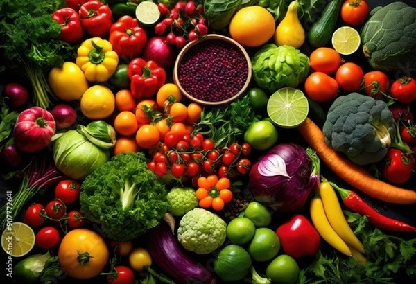 Fototapeta vibrant close colorful ingredients showcasing variety spices lively arrangement, fresh, vegetables, fruits, herbs, peppers, tomatoes, onions, garlic