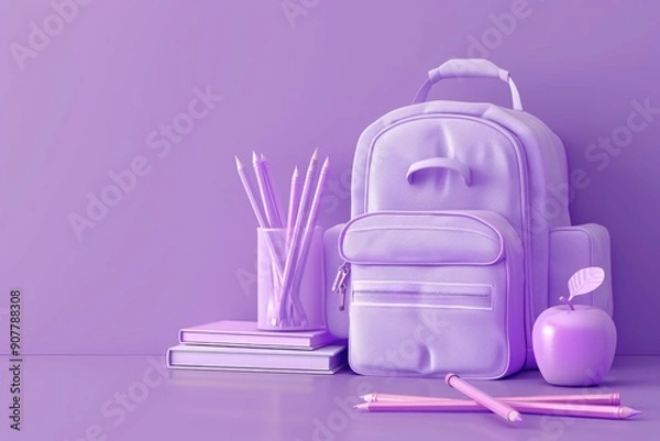 Fototapeta Monochromatic purple composition featuring a backpack, pencils, an apple, and a stack of books against a matching purple background.