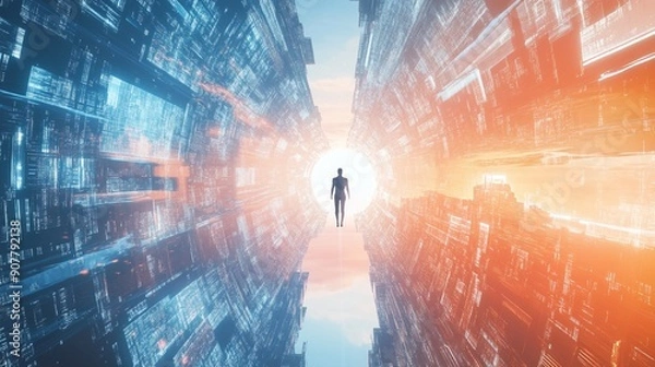 Obraz 分割画面効果：別の世界をつなぐ量子トンネル、未来的な都市景観、コピースペース