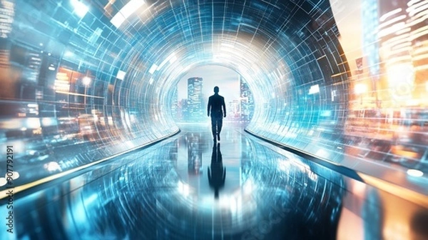 Fototapeta 分割画面効果：別の世界をつなぐ量子トンネル、未来的な都市景観、コピースペース