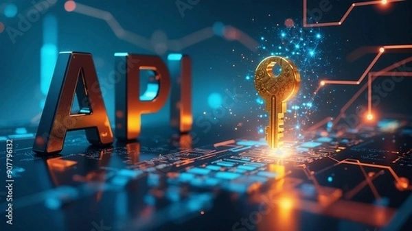 Fototapeta API Concept with Key and Circuit Board, Digital Security Theme