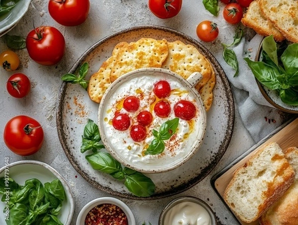 Fototapeta Delicious Italian Breakfast Spread Featuring Fresh Cornetti, Creamy Ricotta, and Latte with Realistic Photography and Lighting