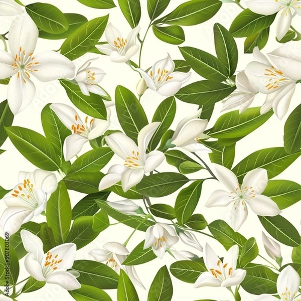 Obraz Seamless design of green foliage and white flowers. Generated AI
