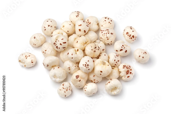 Obraz Heap of puffed Lotus seed, Makhana, isolated on white background close up