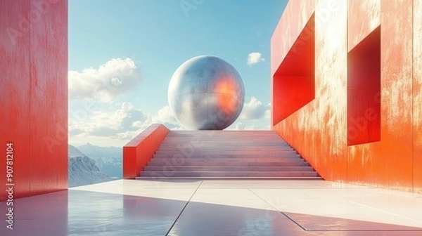 Obraz A large silver sphere is suspended in the air above a red building