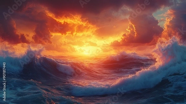 Fototapeta Waves of the ocean transforming into emotional faces, set against a dramatic sunset sky
