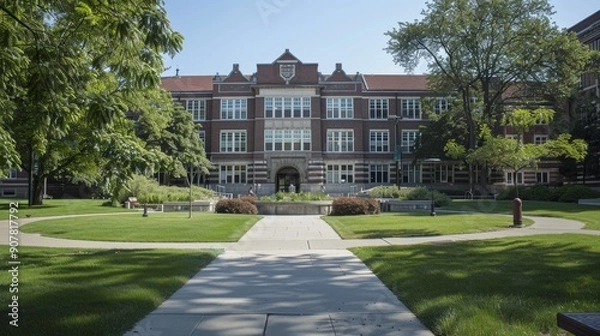 Obraz Brick Building with Green Grass and Pathway.