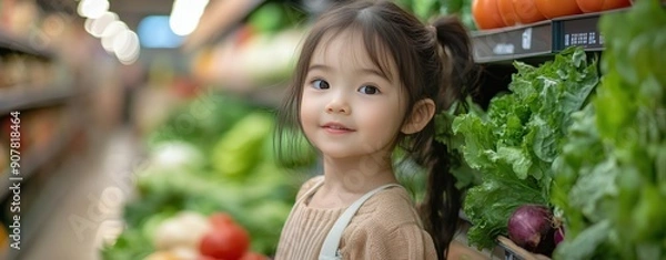 Fototapeta A happy little girl is picking vegetables in the style of supermarket, high resolution