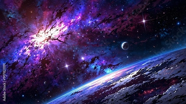 Obraz purple stars in space cosmos galaxy background anime cartoon illustration design