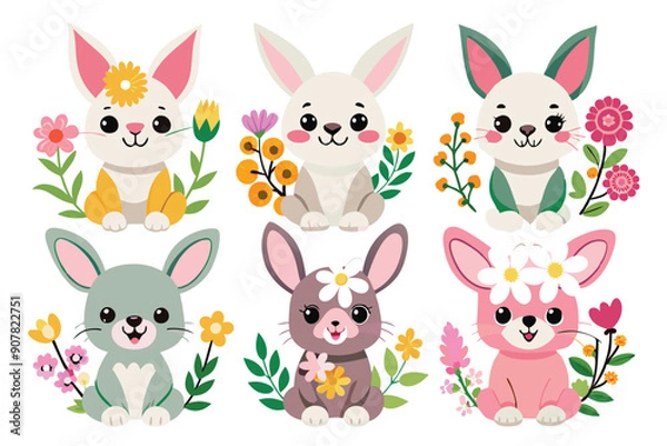 Obraz Six Adorable Cartoon Bunnies Surrounded by Colorful Flowers